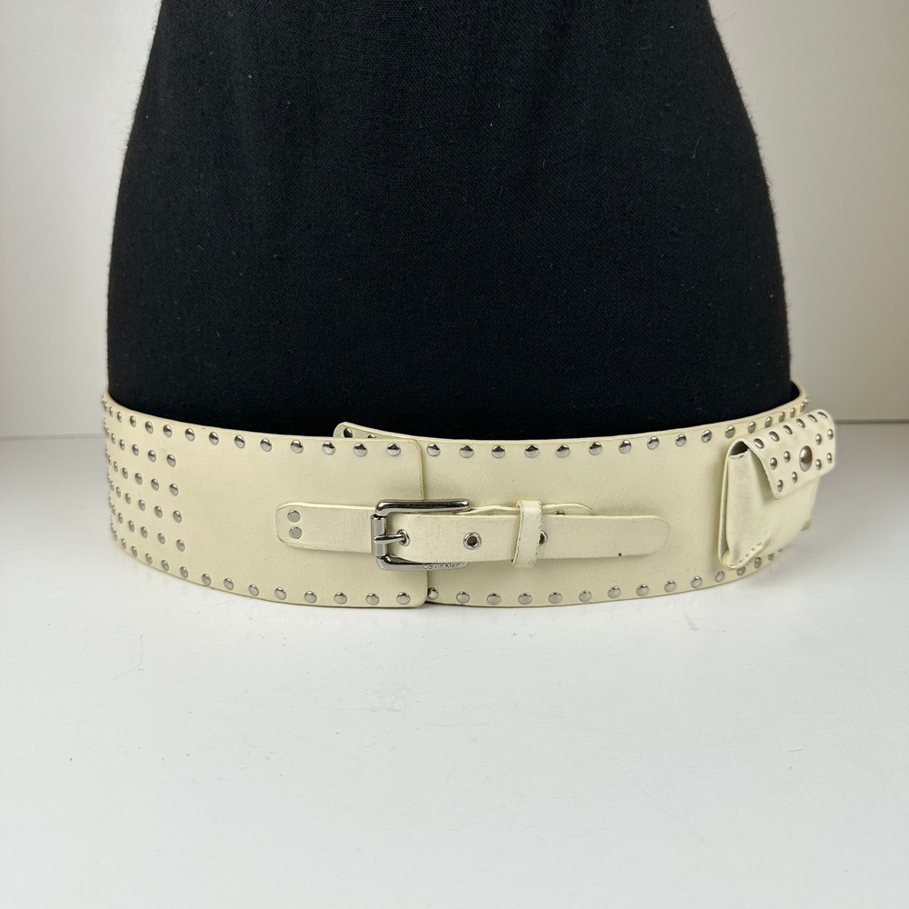 Calvin Klein Studded Cream Genuine Leather Wide Waist Belt with Pouch Size L Y2K